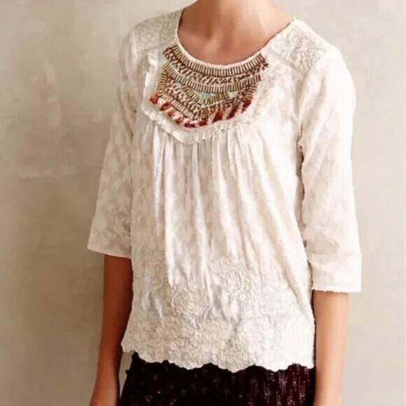 ANTHROPOLOGIE Moulinette Soeurs Top Women 6 Ivory Embroidered Lace Beads Cottage - Picture 1 of 14